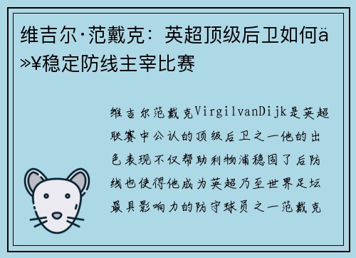维吉尔·范戴克：英超顶级后卫如何以稳定防线主宰比赛