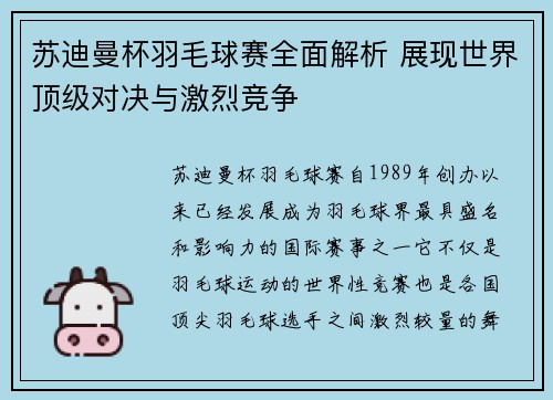 苏迪曼杯羽毛球赛全面解析 展现世界顶级对决与激烈竞争